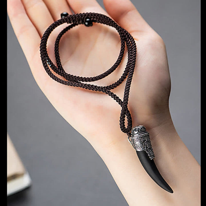 925 Sterling Silver Black Obsidian Wolf Tooth Pattern Strength Necklace Pendant - image 11