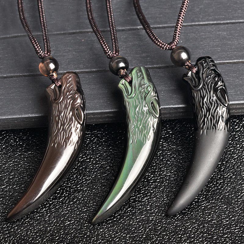 Buddha Stones Natural Black Obsidian Ice Obsidian Rainbow Obsidian Wolf Tooth Pattern Strength Necklace Pendant - image 1