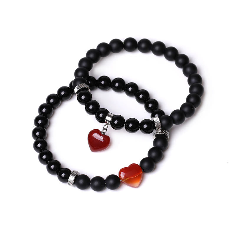 Buddha Stones 2Pcs Black Onyx Crystal Stone Love Heart Protection Support Couple Bracelet - Black Onyx&Red Agate - image 6