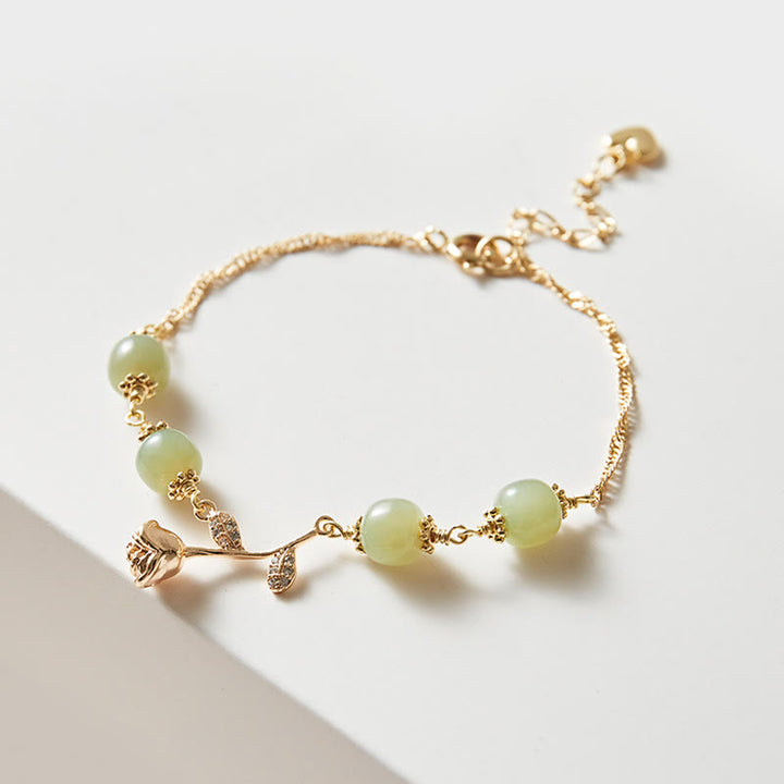 Buddha Stones 14K Gold Plated Hetian Jade Golden Rose Flower Luck Chain Bracelet - Jade(Prosperity♥Abundance)(Wrist Circumference 13-18cm) - image 0