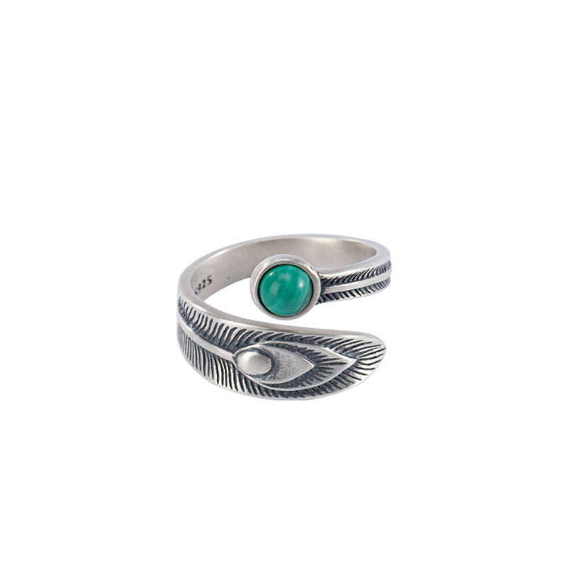 Buddha Stones 925 Sterling Silver Malachite Bead Feather Protection Ring - image 7