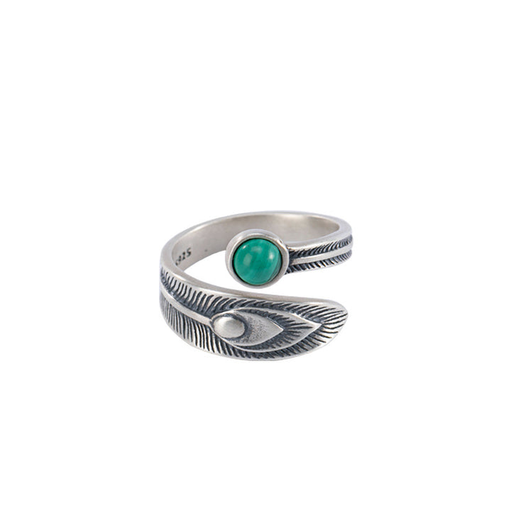 Buddha Stones 925 Sterling Silver Malachite Bead Feather Protection Ring - image 7