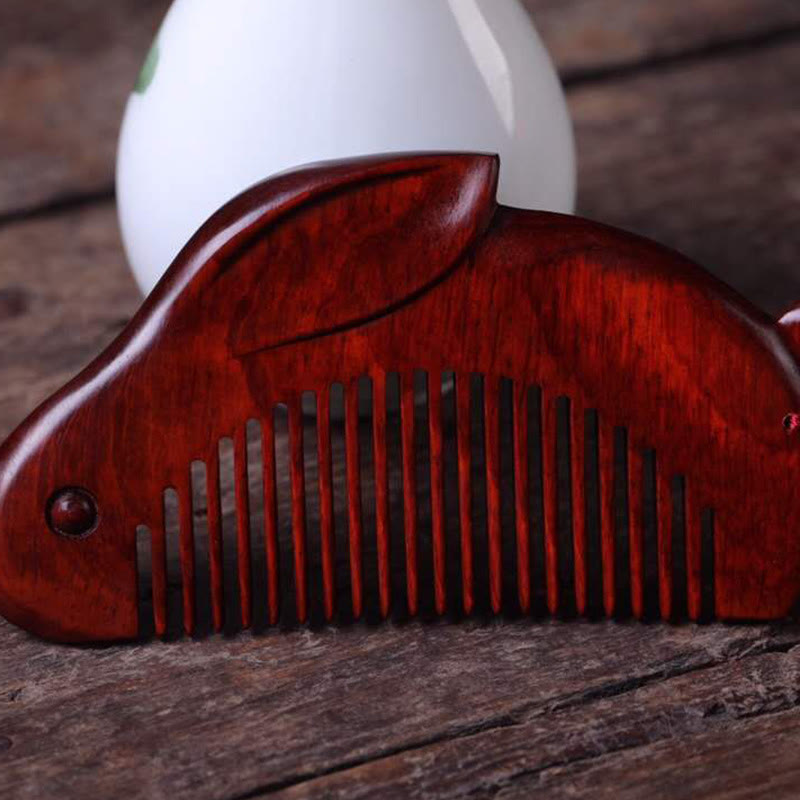 Small Leaf Red Sandalwood Cute Bunny Rabbit Sooth Comb With Gift Box - image 4