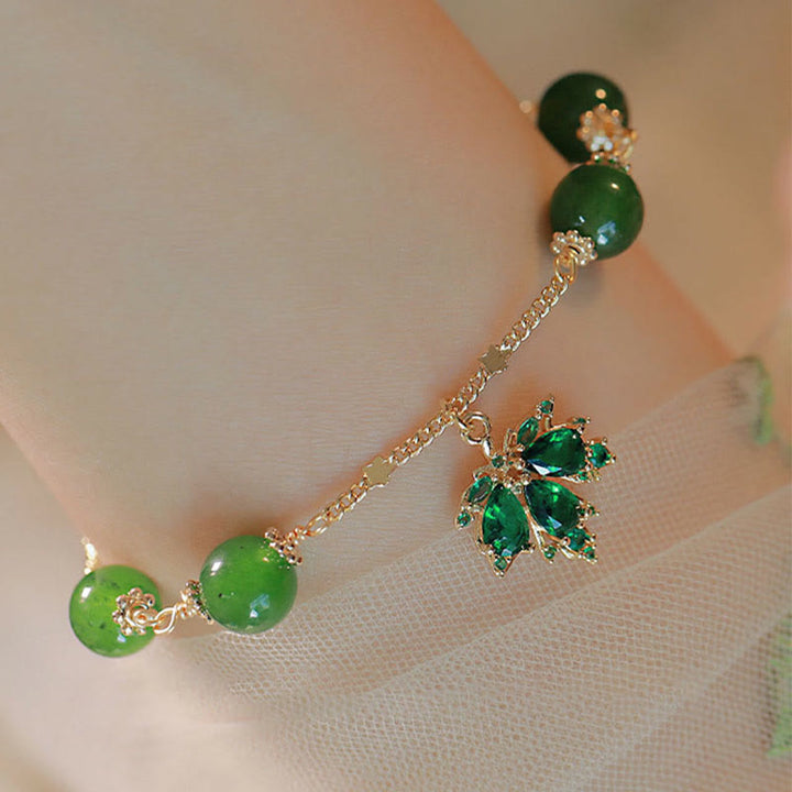 Buddha Stones 14k Gold Plated Green Chalcedony Maple Leaf Courage Strength Bracelet - image 9