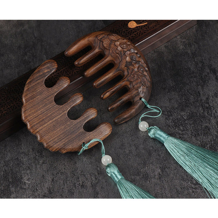 Green Sandalwood Plum Blossom Flowers Lotus Koi Fish Engraved Soothing Tassel Comb - image 7