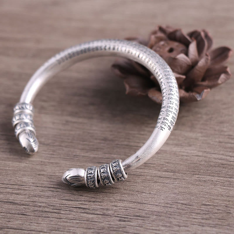 Buddha Stones 999 Sterling Silver Heart Sutra Om Mani Padme Hum Engraved Peace Purity Bracelet Bangle - image 2
