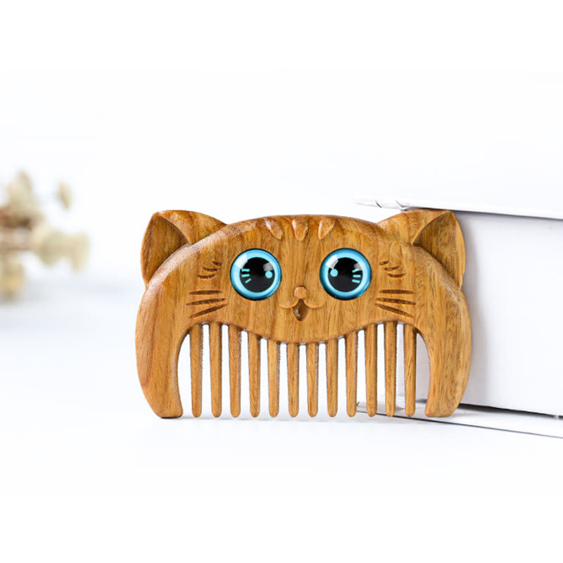 Buddha Stones Simple Cat Pattern Green Sandalwood Cure Portable Comb - image 3