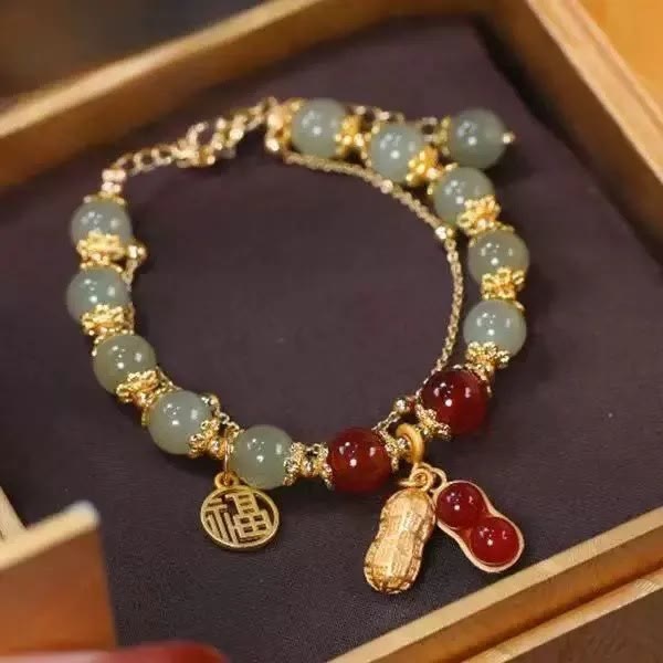 Buddha Stones Jade Leaf Ginkgo Tulip Peanut Fu Character Luck Beaded Bracelet - Peanut Fu Character&Jade Red Bead - image 16