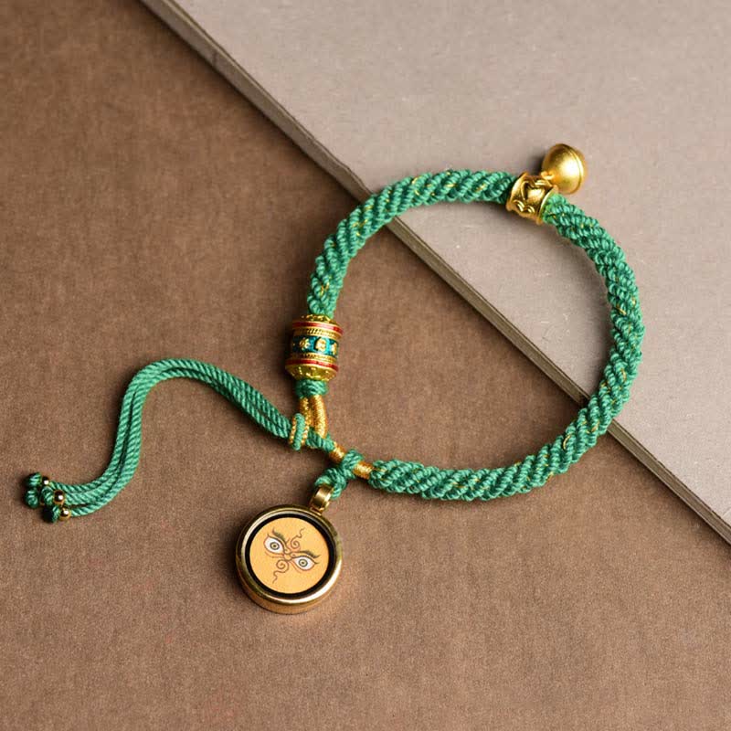 Buddha Stones Tibetan Five God Of Wealth Thangka Luck Prayer Wheel Bell Braid String Bracelet - Yellow Eye God of Wealth(Wrist Circumference 14-19cm) - image 2