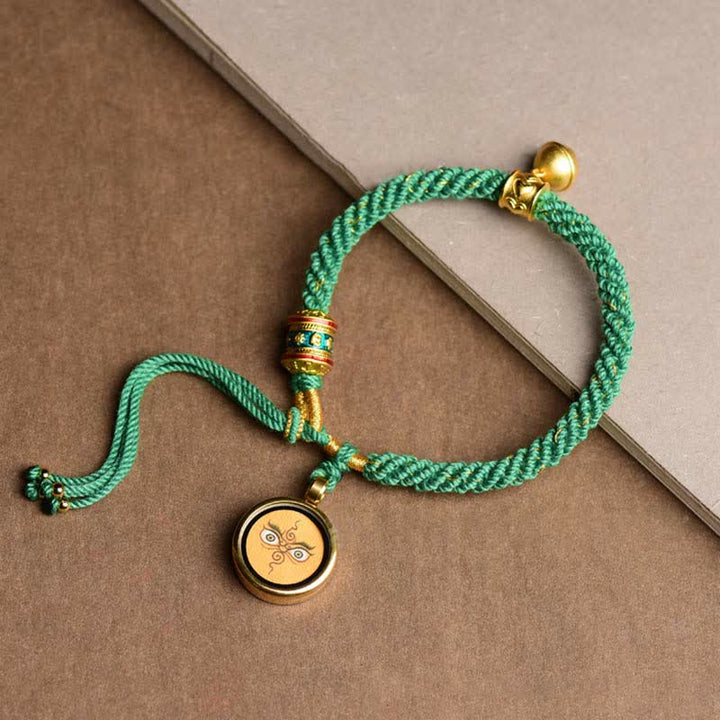 Buddha Stones Tibetan Five God Of Wealth Thangka Luck Prayer Wheel Bell Braid String Bracelet - Yellow Eye God of Wealth(Wrist Circumference 14-19cm) - image 2