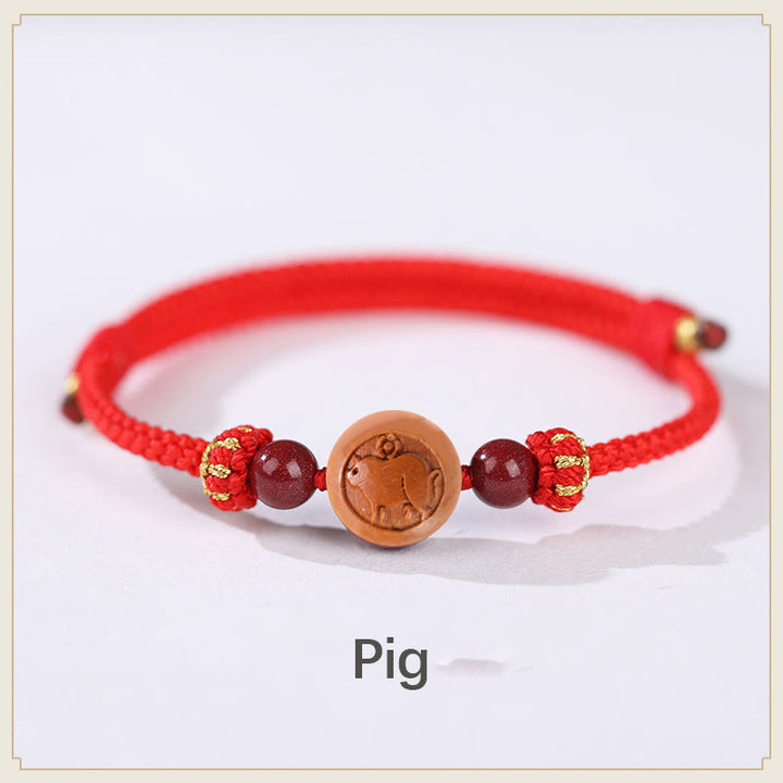 Buddha Stones Natural Peach Wood Chinese Zodiac Fu Character Carved Cinnabar Wealth Bracelet - Pig-Red(Wrist Circumference 14-22cm) - image 10