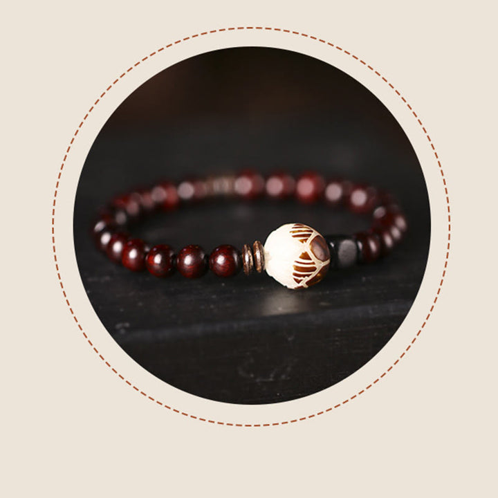Buddha Stones Small Leaf Red Sandalwood Lotus Bodhi Seed Carved Protection Double Wrap Bracelet - image 11