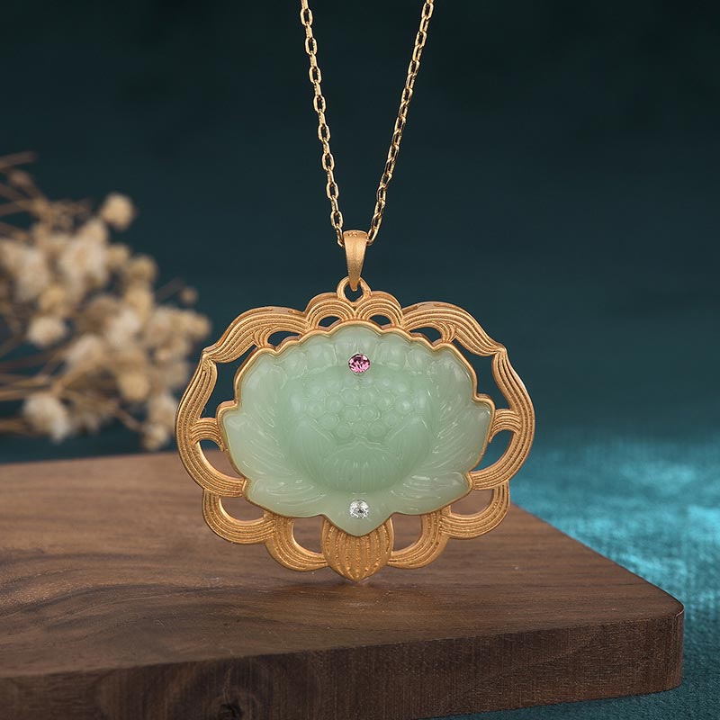 Buddha Stones Natural Jade Lotus Harmony Necklace Pendant - 40*40mm - image 0