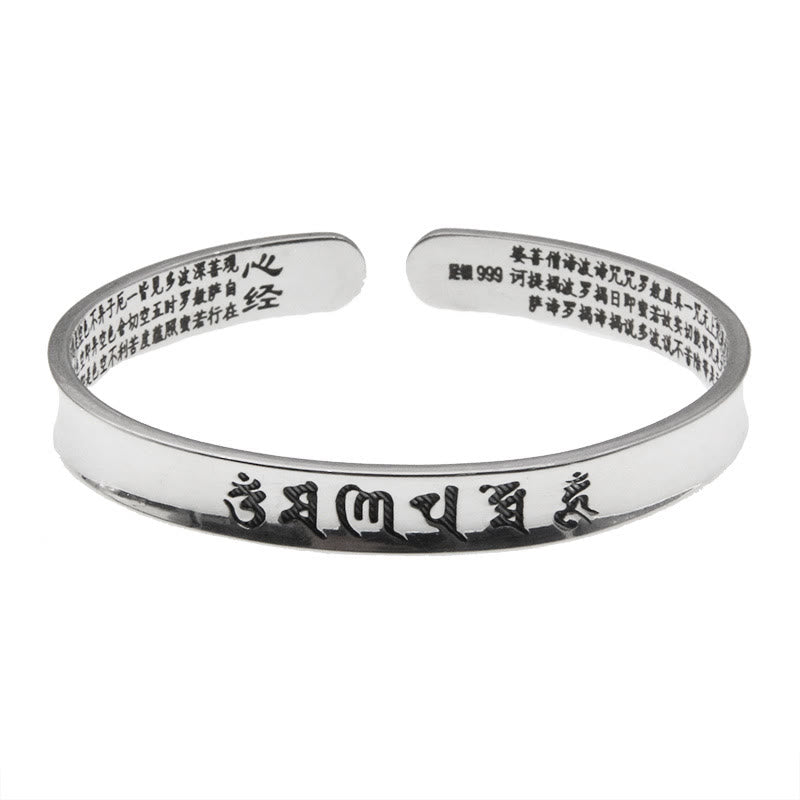 Buddha Stones 999 Sterling Silver Om Mani Padme Hum Heart Sutra Love Peace Bracelet Bangle - 24.46g - image 1