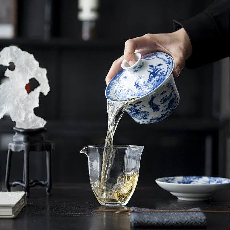 Buddha Stones Blue And White Porcelain Lotus Koi Fish Lion Dance Watermelon Ceramic Gaiwan Sancai Teacup Kung Fu Tea Cup And Saucer With Lid 300ml - image 6