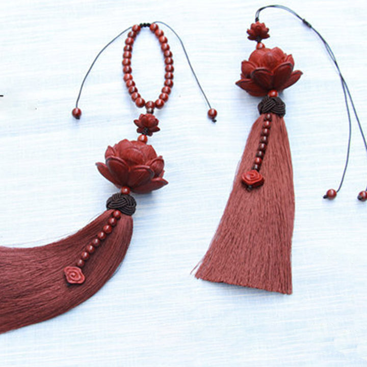 Buddha Stones Tibetan Small Leaf Red Sandalwood Lotus Luck Protection Tassel Decoration - image 9