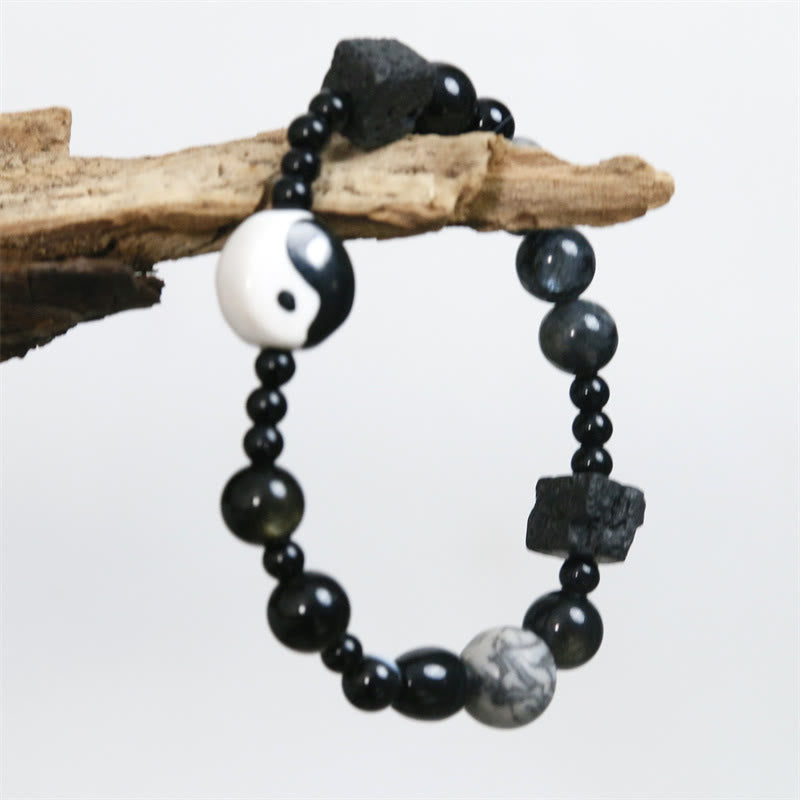 Buddha Stones Black Onyx Picasso Jasper Bead Yin Yang Fortune Protection Bracelet - image 15