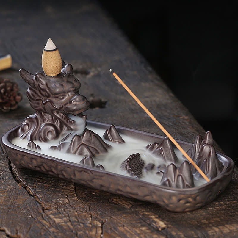 Buddha Stones Dragon Mountain Strength Ceramic Incense Burner Decoration - Sienna - image 0
