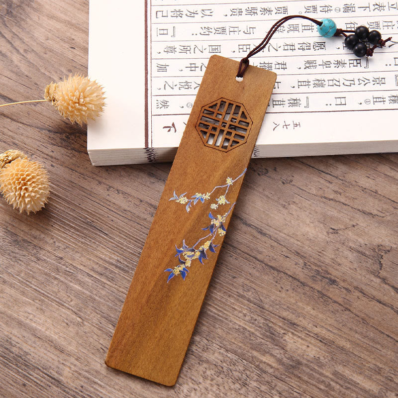 Buddha Stones 4Pcs Four Seasons Plum Orchid Bamboo Chrysanthemum Peking Opera Mask Wood Bookmarks With Gift Box - image 5