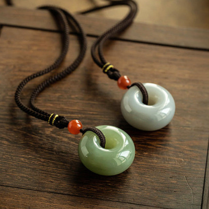 Buddha Stones Natural Round Jade Gray Jade Peace Buckle Luck Necklace Pendant - image 2