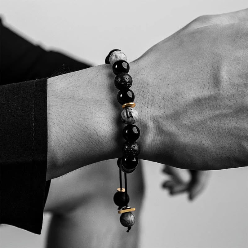 Buddha Stones Black Obsidian Lava Rock Stone Yin Yang Strength Bracelet - image 10