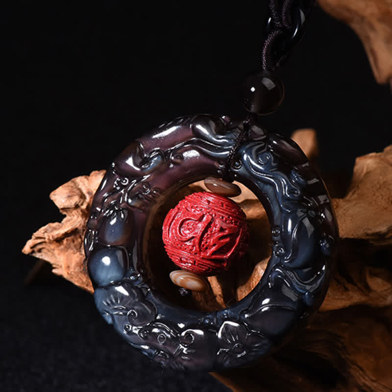 Buddha Stones FengShui Natural Rainbow Obsidian PiXiu Cinnabar Healing Necklace Pendant - image 4