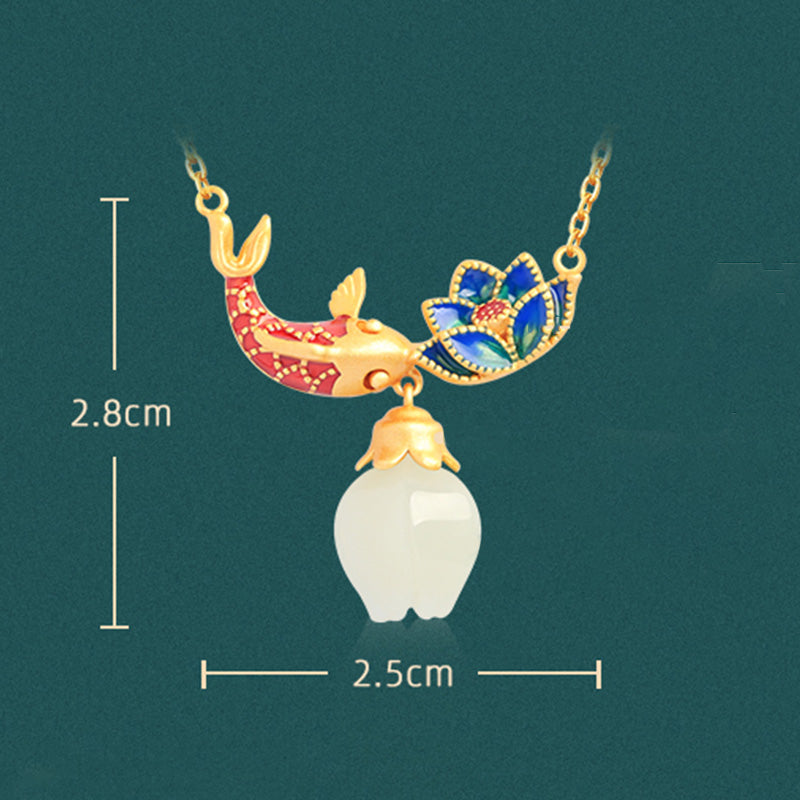 Buddha Stones 925 Sterling Silver White Jade Koi Fish Lotus Protection Necklace Pendant - image 9