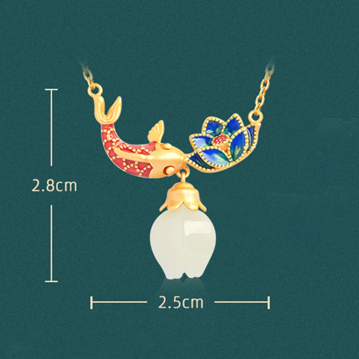 Buddha Stones 925 Sterling Silver White Jade Koi Fish Lotus Protection Necklace Pendant - image 9