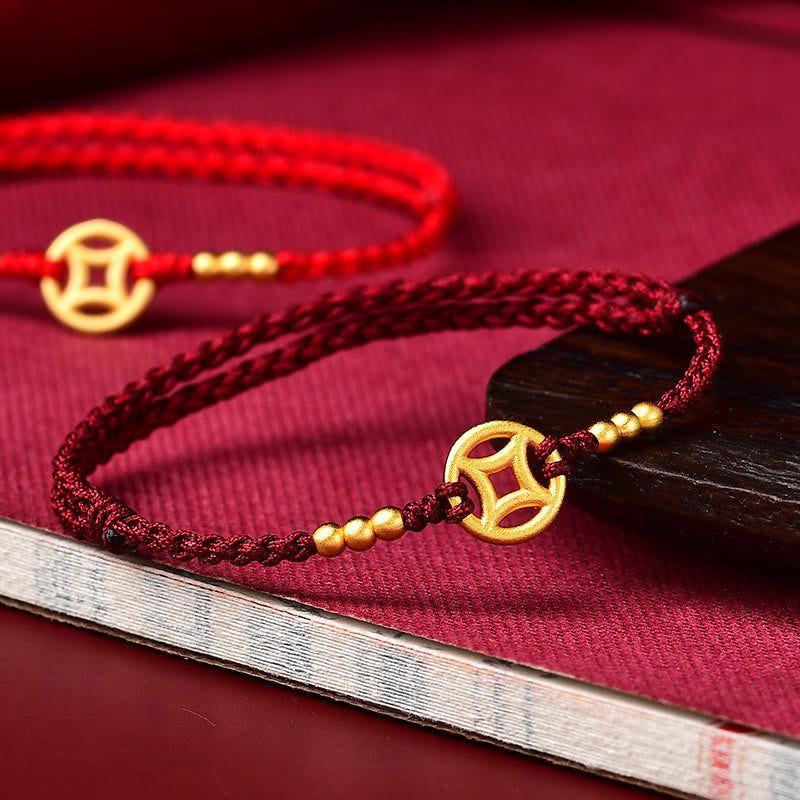 Buddha Stones Copper Coin Strength Braided String Bracelet Anklet - Red - Anklet(Anklet Circumference 24cm) - image 0