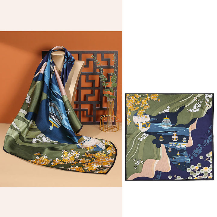 Buddha Stones Pastoral Scene Hot Air Balloon Spring Blossom 100% Mulberry Silk Neck Hair Scarf - Navy Blue Hot Air Balloon - image 9