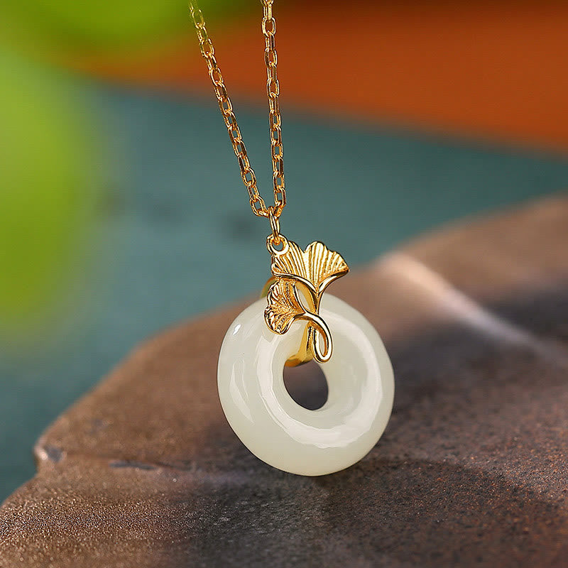 Buddha Stones 925 Sterling Silver Natural Hetian Jade Ginkgo Leaf Peace Buckle Luck Necklace Pendant - Hetian Jade(Prosperity♥Abundance) - image 0