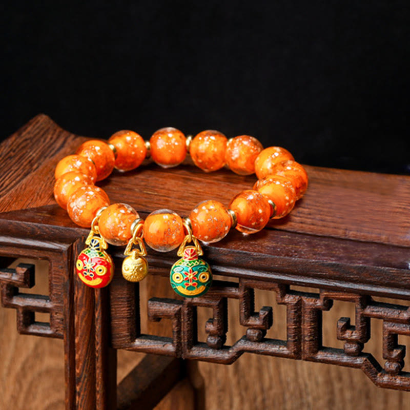 Buddha Stones Gold Swallowing Beast Family Charm Luminous Fluorescent Liuli Glass Bead Success Bracelet - Orange - Gold Swallowing Beast Family - 12mm - image 8
