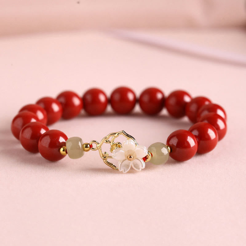 Buddha Stones Natural Cinnabar Jade Beaded Tridacna Stone Flower Blessing Bracelet - Red Cinnabar - 10mm(Wrist Circumference 18cm) - image 12
