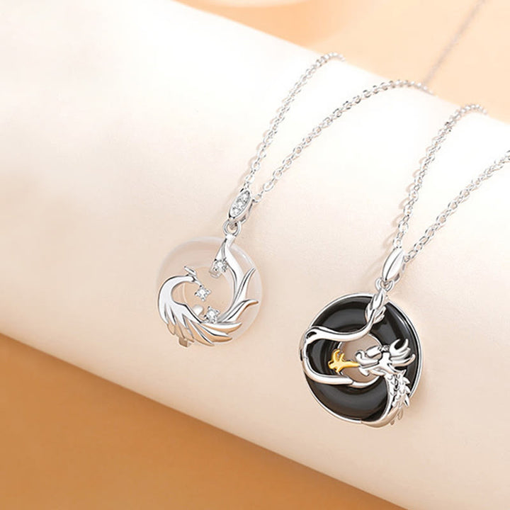 Buddha Stones 925 Sterling Silver Year of the Dragon Natural Black Onyx Chalcedony Dragon Phoenix Peace Buckle Protection Necklace Pendant - image 7