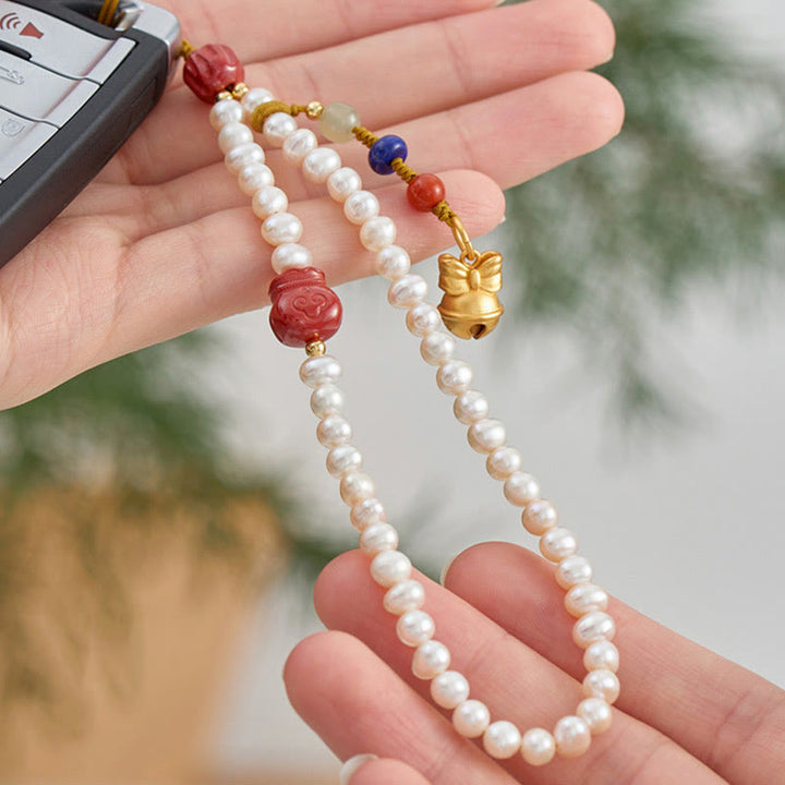Buddha Stones Natural Pearl Cinnabar Money Bag Bell Gold Swallowing Beast Dancing Lion Healing Phone Hanging Decoration - image 3