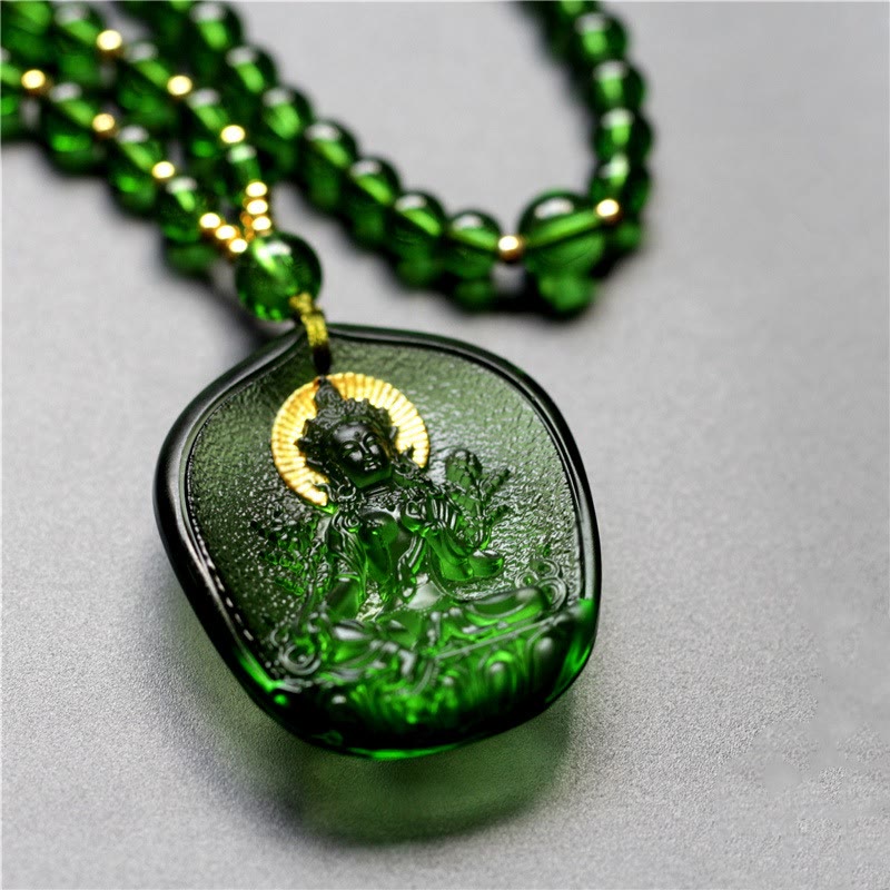 Buddha Stones Tibetan Green Tara Buddha Gold Plated Liuli Crystal Protection Necklace Pendant - Green Tara - Buddha Light Version - image 1