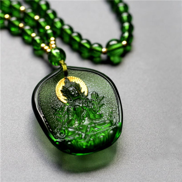 Buddha Stones Tibetan Green Tara Buddha Gold Plated Liuli Crystal Protection Necklace Pendant - Green Tara - Buddha Light Version - image 1