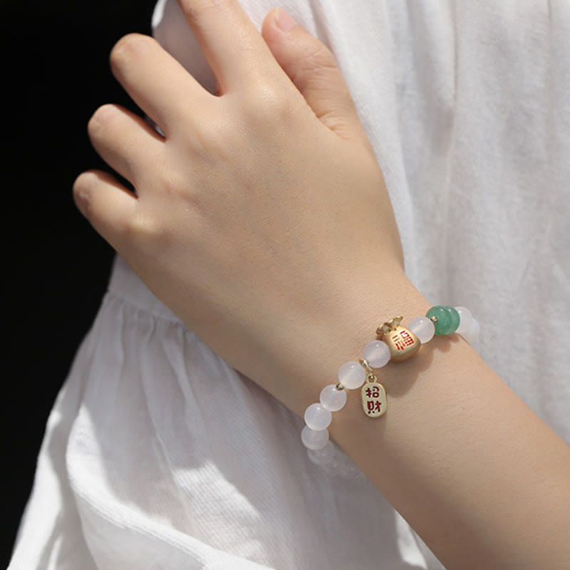 Buddha Stones Natural White Agate Red Agate Money Bag Fu Character Four Leaf Clover Protection Bracelet - image 6