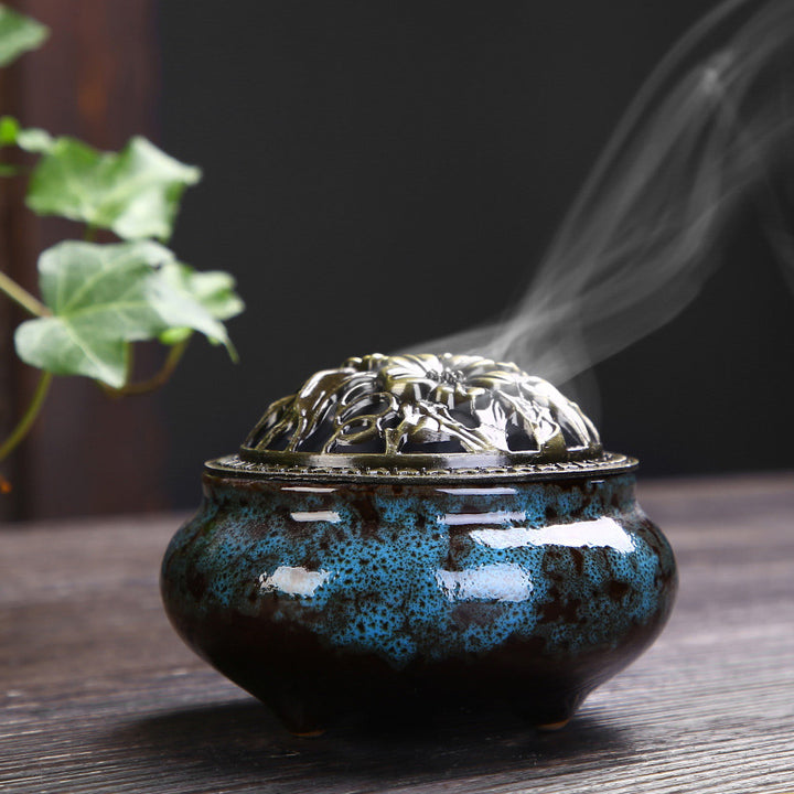 Buddha Stones Flower Pattern Ceramic Blessing Meditation Incense Burner Decoration - Blue - image 2