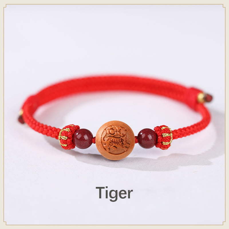 Buddha Stones Natural Peach Wood Chinese Zodiac Fu Character Carved Cinnabar Wealth Bracelet - Tiger-Red(Wrist Circumference 14-22cm) - image 3