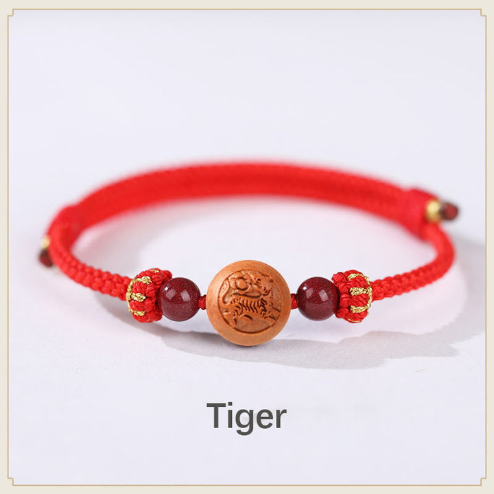Buddha Stones Natural Peach Wood Chinese Zodiac Fu Character Carved Cinnabar Wealth Bracelet - Tiger-Red(Wrist Circumference 14-22cm) - image 3