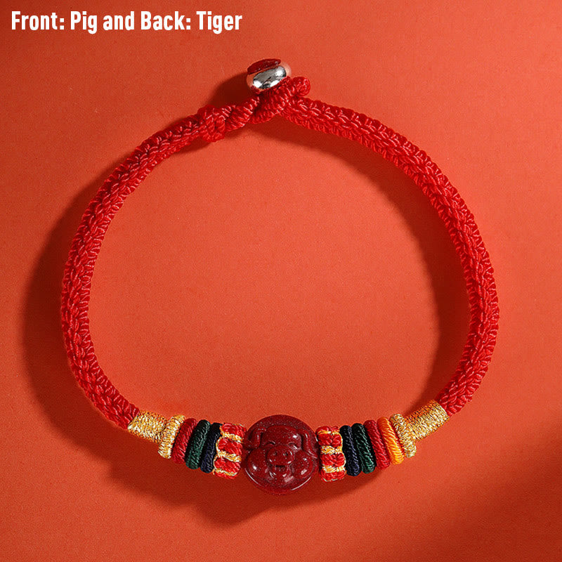 Buddha Stones Year of the Dragon 925 Sterling Silver Chinese Zodiac Cinnabar Auspicious Matches Blessing Bracelet - Pig - 23cm - image 24