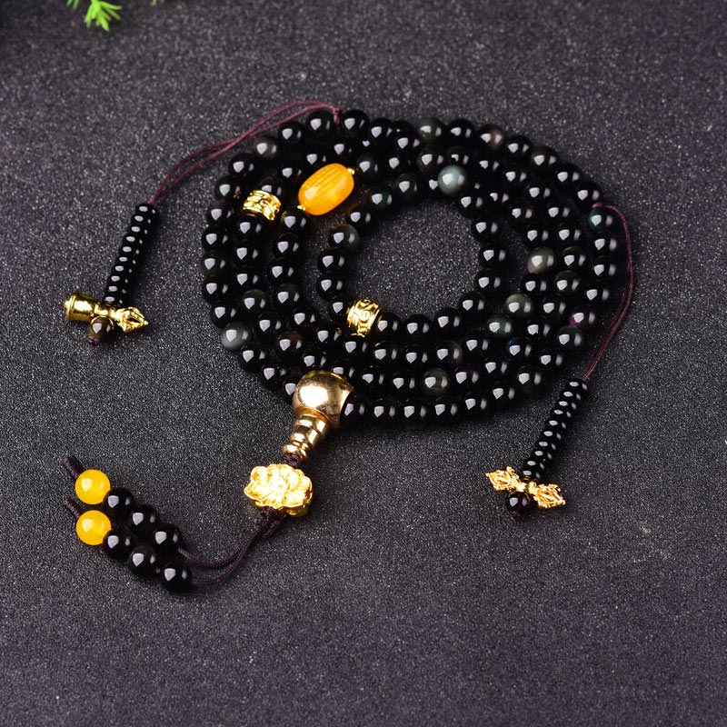 Buddha Stones 108 Beads Natural Black Obsidian Lotus Fulfilment Mala Bracelet - 10mm - image 0
