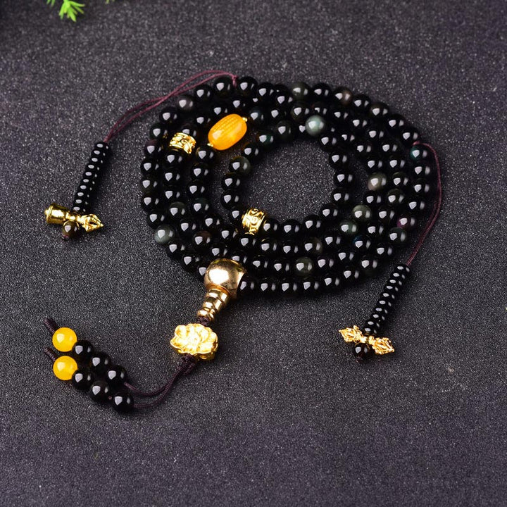 Buddha Stones 108 Beads Natural Black Obsidian Lotus Fulfilment Mala Bracelet - 10mm - image 0