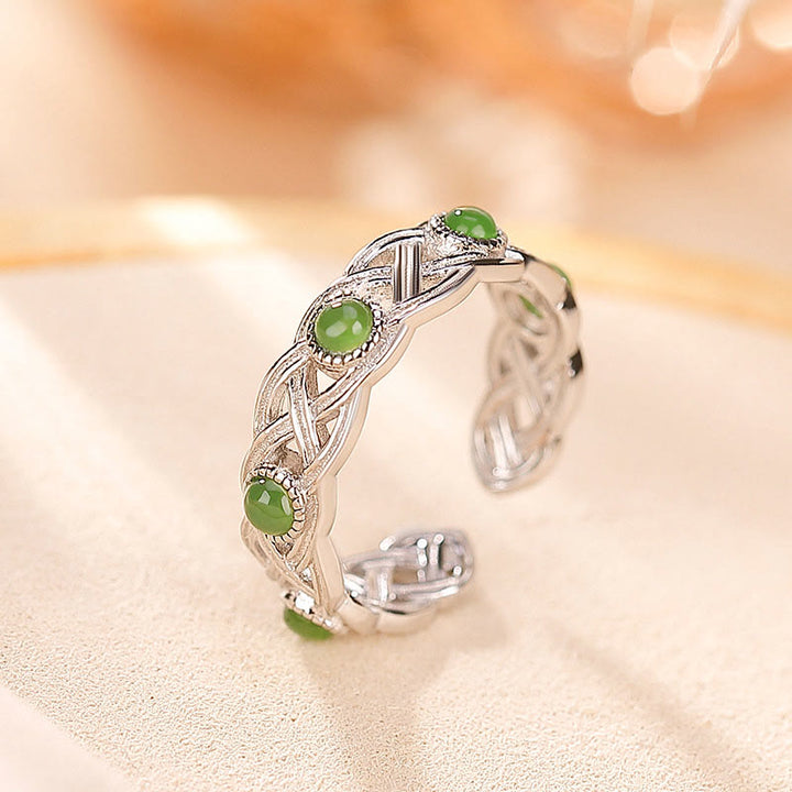 Buddha Stones 925 Sterling Silver Plated Gold Cyan Jade Braided Design Success Luck Adjustable Ring - Silver - image 7