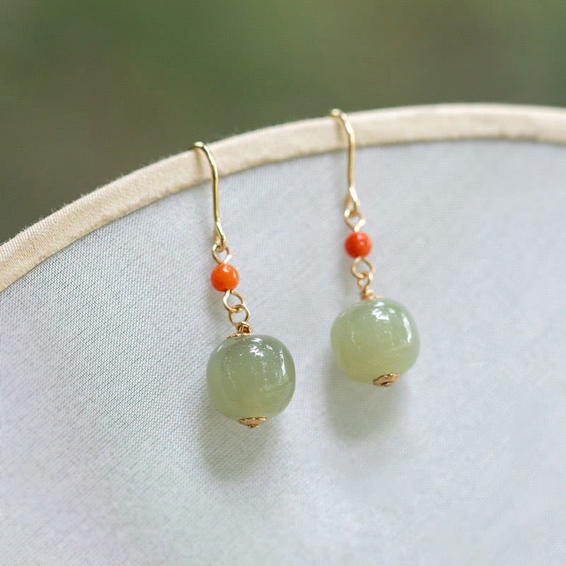 Buddha Stones 925 Sterling Silver 14K Gold Plated Hetian Jade Red Agate Luck Drop Dangle Earrings - image 1