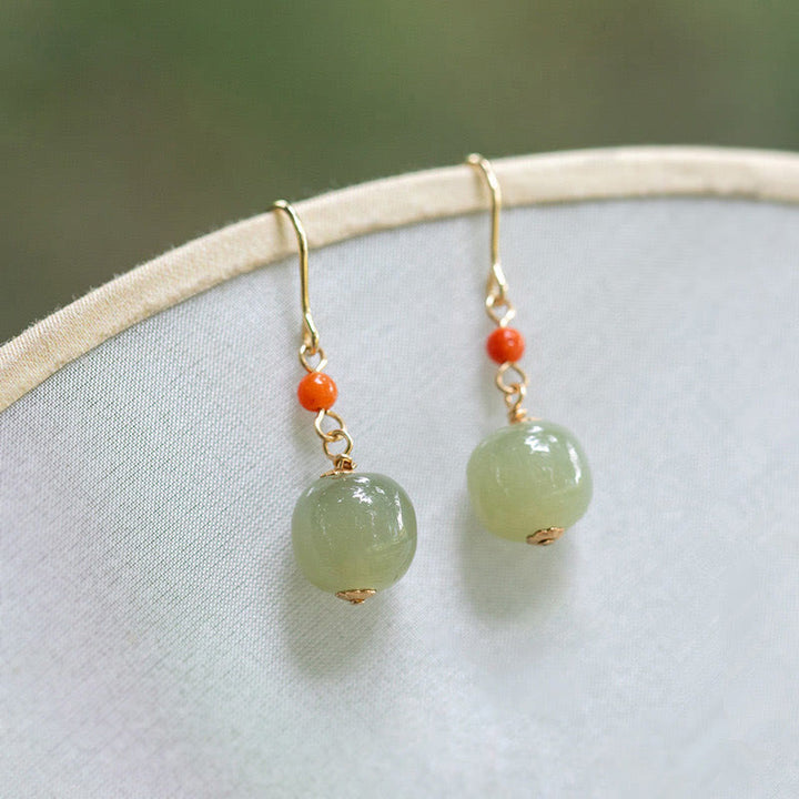 Buddha Stones 925 Sterling Silver 14K Gold Plated Hetian Jade Red Agate Luck Drop Dangle Earrings - image 1