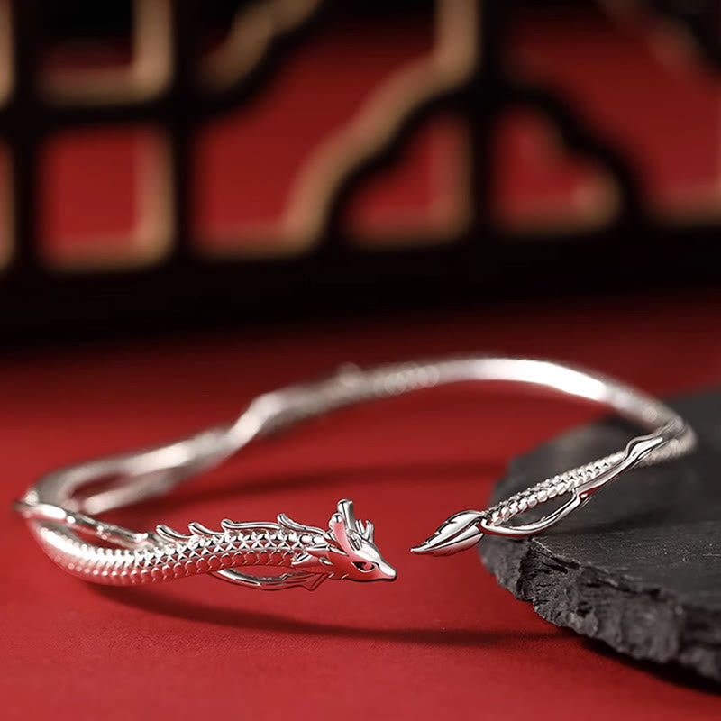 Buddha Stones 925 Sterling Silver Year of the Dragon Design Luck Metal Cuff Bracelet Bangle - image 1