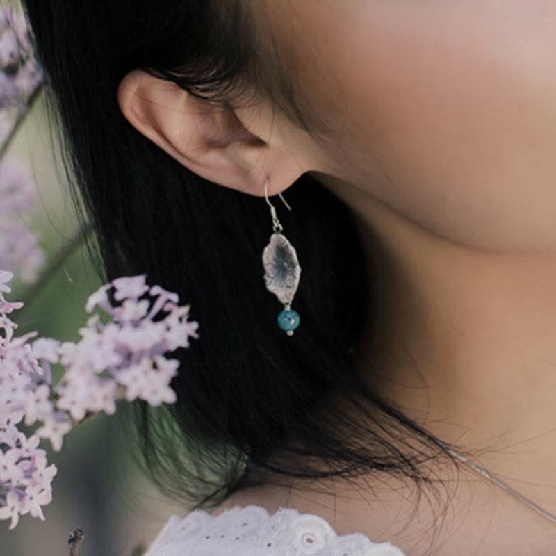 Buddha Stones 925 Sterling Silver Turquoise Lotus Leaf Protection Drop Dangle Earrings - image 2