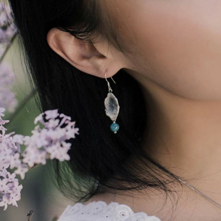Buddha Stones 925 Sterling Silver Turquoise Lotus Leaf Protection Drop Dangle Earrings - image 2
